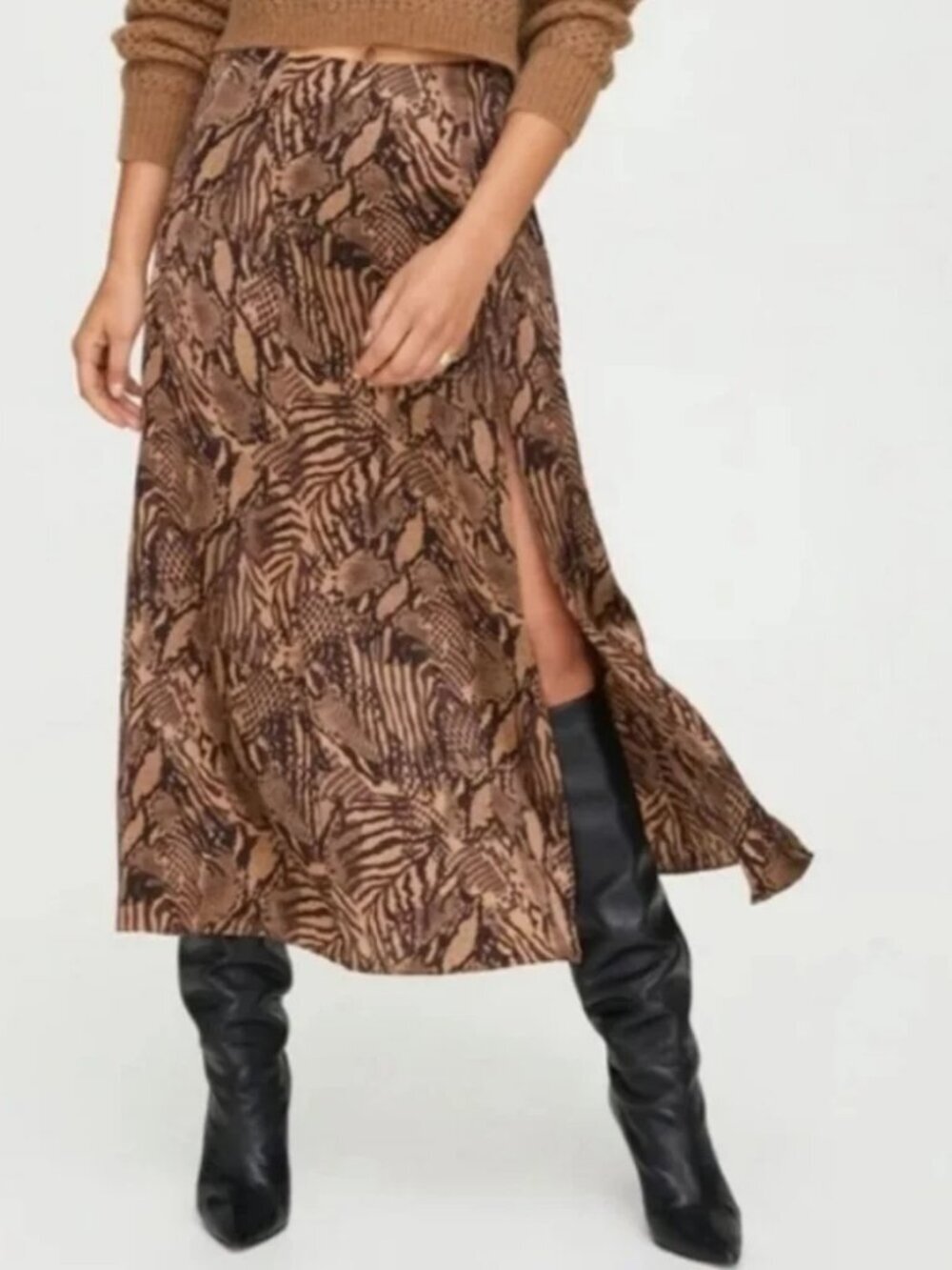 Aritzia Wilfred 100% Silk Snake Print Midi Skirt Side Slit Brown Tan Size 0